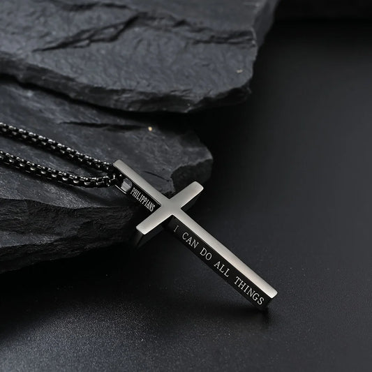 304L Stainless Steel Jesus Cross Necklace Men Women Bible Verse