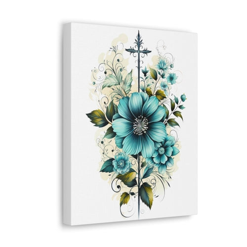 Wall Art Decor, Canvas Print Artwork, Blue Green Christian Cross